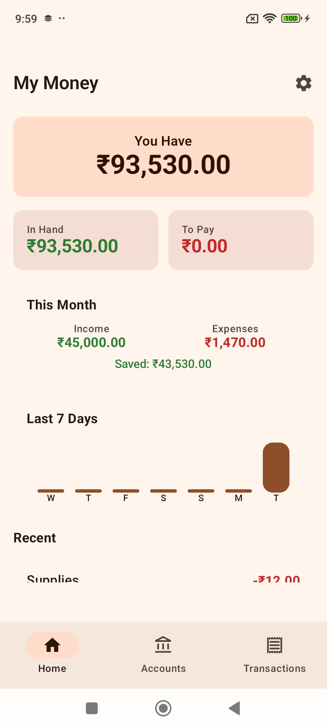 Dashboard showing income, expenses, and recent transactions